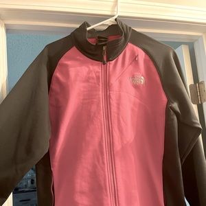 North face pink and gray TKA stretch fleece full zip jacket.